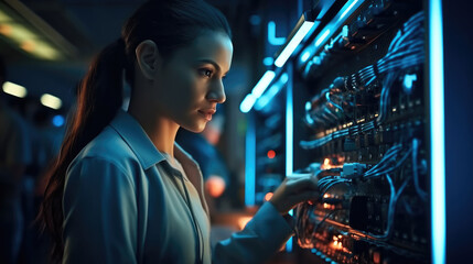 Poster - IT Professional female network are connecting cables in server cabinet while working in big data center.
