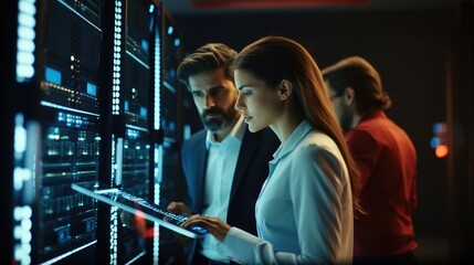Leinwandbilder - Two IT man and woman using a digital tablet while working in a data centre, Professional computer engineers, Developers and programmers planning data coding interface for mainframe.