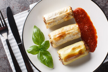 Delicious freshly baked leek stuffed with beef, rice, cheese and vegetables served with tomato sauce close-up in a plate on the table. Horizontal top view from above