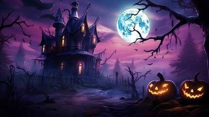 Wall Mural - Halloween night with a spooky haunted house, moon and pumpkins, halloween background.