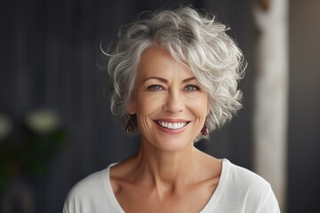 A woman with white hair wearing a white shirt. This versatile image can be used in various contexts.