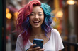 © Rathnayakamudalige - Vibrant Woman, Expressing Pure Joy with Colored Hair and Smartphone Delight.