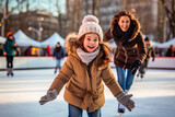 Mother and daughter ice skating on a rink in the city