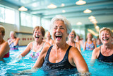 Group of mature women doing gymnastics in the gym pool