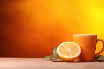 Wall Mural - Orange tea in cup with ripe fruits on bright clear gradient background. Refreshment seasonal drink. Autumn fall tea composition. Healthy autumn and winter hot drink. Banner with copy space