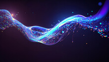 Abstract Flowing Fluid Light Particles Purple And Blue On Black Background In Concept Technology, Science
