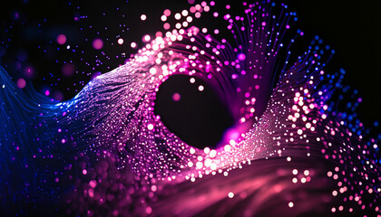 Wall Mural - Abstract flowing fluid light particles purple and blue on black background in concept technology, science