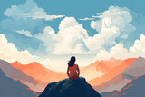 Fototapeta Fototapety z naturą - color block pastel illustration of woman from the back sitting in mindful meditating in nature mountain clouds sky peace/clarity/mental wellbeing/balance digital painting hand drawn look
