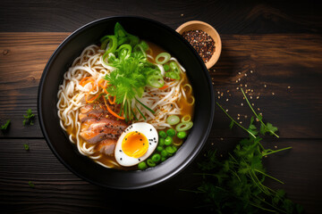 Asian noodle soup, ramen with chicken, tofu, vegetables and egg in a black bowl on a wooden table, top view.generative ai
