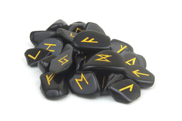 Many black stone runes isolated on white background.