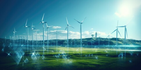 Wind power station with cloudy blue sky background.