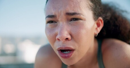 Canvas Print - Fitness, breathe and tired with woman in the city for race, marathon or competition training. Sports, rest and female athlete runner from Mexico sweating on a break for cardio running workout in town