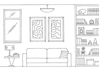 Living room graphic black white home interior sketch illustration vector 