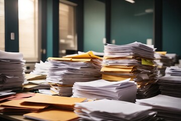 Piles of paperwork and folders in office room. ai generative