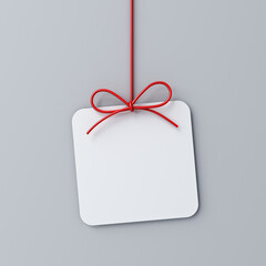 Aufkleber - Hanging minimal gift box rounded square sign paper card with red ribbon rope bow isolated on grey background with shadow minimal conceptual 3D rendering