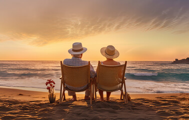 Poster - A couple of senior citizens enjoying the sunset on the beach created with Generative AI technology