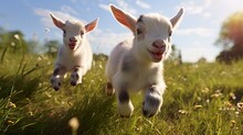 Two Baby Goats Playing In The Green Field