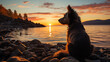Dog on the beach at sunset