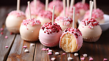 Sweet Delights On A Stick. Irresistible Pink Cream Cake Pops. Tasty Food. Generative AI