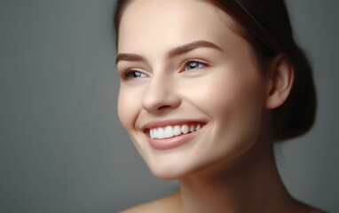 Beautiful wide smile of healthy woman, white teeth close up, dentist tooth whitening