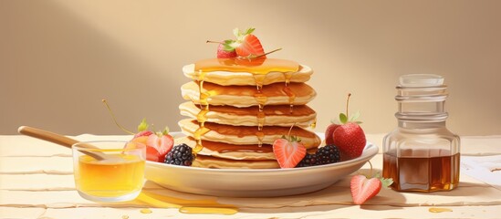 Canvas Print - Mini pancakes topped with fruit and honey on a plate accompanied by yogurt and honey in the background isolated pastel background Copy space