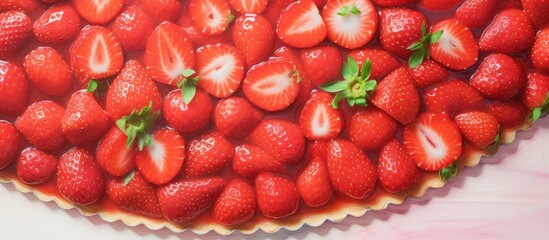 Poster - Fresh strawberry tart closeup isolated pastel background Copy space