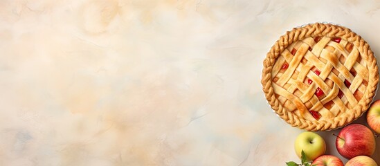 Poster - Homemade slice of Americas popular apple pie isolated pastel background Copy space