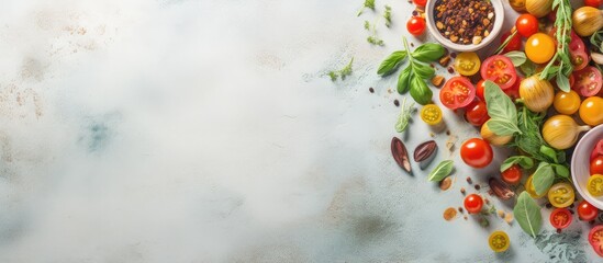 Wall Mural - Healthy vegetarian salad with pasta cherry tomatoes mushrooms and fresh spinach on a isolated pastel background Copy space