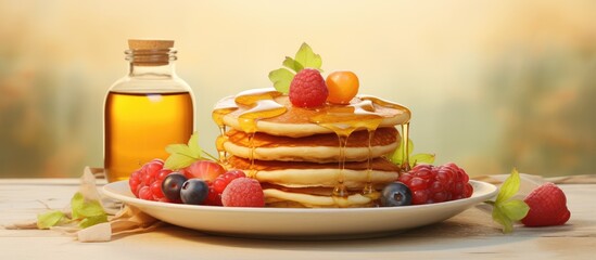 Poster - Mini pancakes topped with fruit and honey on a plate accompanied by yogurt and honey in the background isolated pastel background Copy space