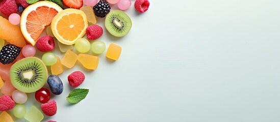 Aufkleber - Fruit Salad and blackjack candy chews arranged with empty area isolated pastel background Copy space