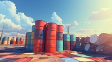 Drawing Of A Colorful Barrels Stacked In A Wetland Area
