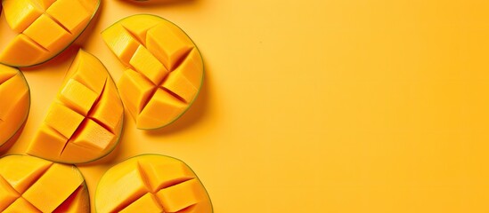 Wall Mural - mango slices isolated pastel background copy space