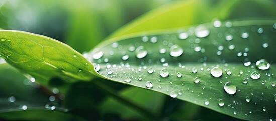 Poster - Morning sunlight illuminates sparkling dew drops isolated pastel background Copy space grass leaves for macro photography