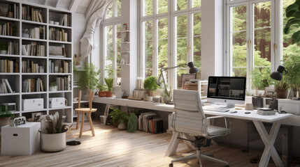 Scandinavian Home Office A multifunctional space combining a home office and living area with a modern desk, comfortable seating, and a dedicated workspace