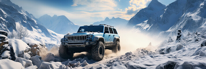 Wall Mural - 4x4 SUV rides on adventure journey in mountains in winter off-road with snow and snowdrifts