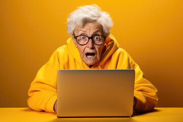 Shocked senior retired woman looking at laptop screen with horror. Problem with learning on computer, bad news concept