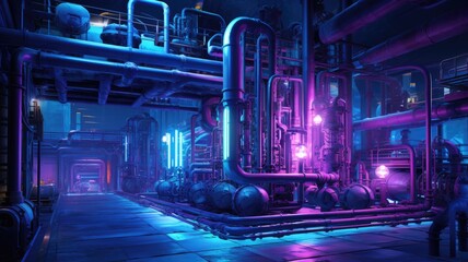 Pipes and valves in the factory background. Pink purple and violet blue color cyberpunk theme. Innovation technology and business industrial concept.