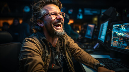 exuberant programmer ecstatically pumping fist in triumph, surrounded by a computer keyboard and cod