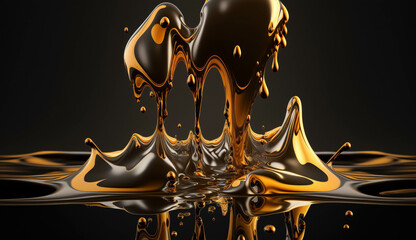 The drips of liquid metal on black background. Drops and specks of gold. Metal background.