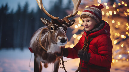 Wall Mural - boy with santa hat hugging a reindeer, friendship and love concept at christmas