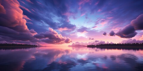 Wall Mural - AI Generated. AI Generative. Purple pink color sunset evening nature outdoor lake with mountains landscape background. Graphic Art