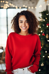 Pretty smiling model dressed with an red mock-up sweatshirt , oversized sweater Mockup in feminine Christmas decorated room