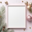 Christmas frame flat lay top view. Holiday Christmas decorations on border frame background with center blank. Frame with New year ornaments.