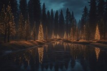 Magical Forest With Christmas Trees And Glowing Lights Landscape