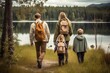 A family enjoying a scenic walk by the lake created with Generative AI technology