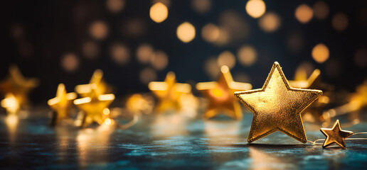 Wall Mural - abstract background with gold stars, particles and sparkling on navy blue. christmas golden light sh