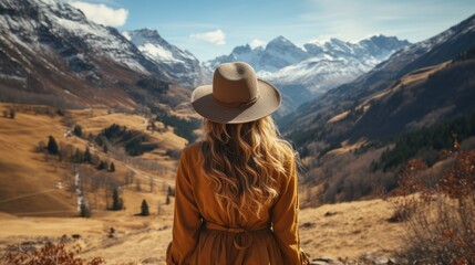 A young traveling girl with a hat in winter wilderness in a panoramic mountain landscape