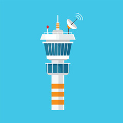 Flight control tower icon in flat style. Navigation monitor vector illustration on isolated background. Airport building sign business concept.