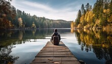 Peaceful Alone Male Man Adult Traveller Sit Casual Relax On Wooden Deck At The End Of Deck With Stunning Reflecting Lake With Beautiful Day Nature Travel Concept