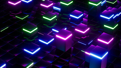 Wall Mural - Glowing Neon Lights Square Sticks VJ Visual Background 3d rendering